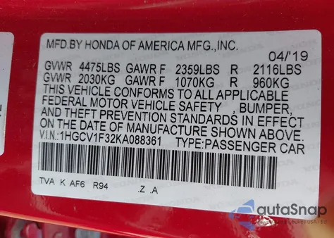 2019 Honda Accord Sport z USA, uszkodzony, nr VIN 1HGCV1F32KA088361